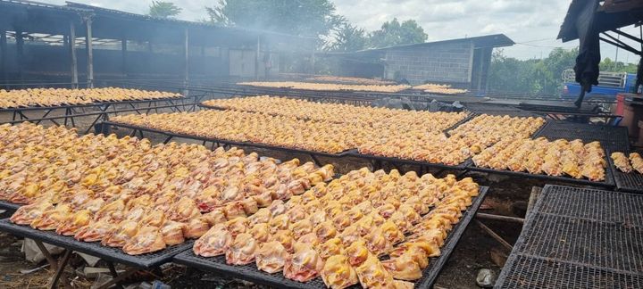 Rows of poultry on drying racks at a processing yard